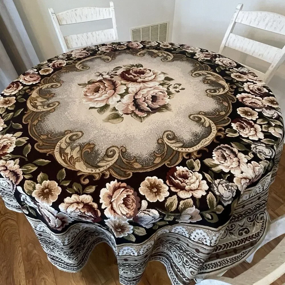 Dusty Rose Aubusson Tapestry Style Tablecloth/Rug 85 Inch Granny Cottagecore NEW